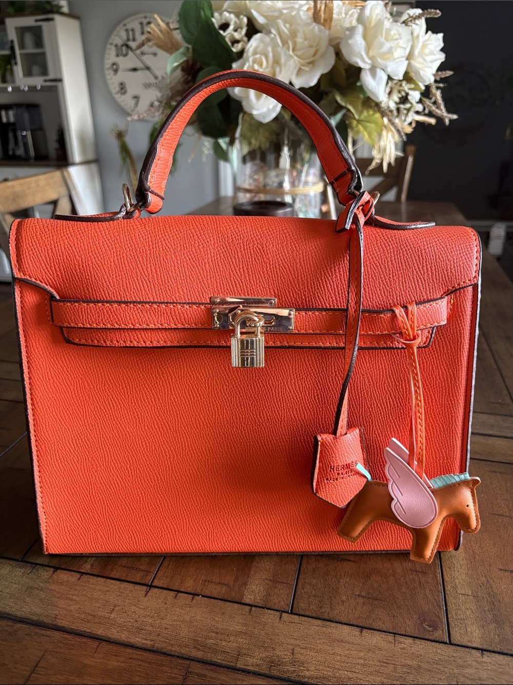 Structured Fashion Orange Top-Handle Bag with Charm